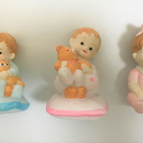 Girl & Boy Baby Figurines-Ceramic 3 Styles-Vintage from the 90s Baby w/ Teddy Bear-Great for Baby Shower Favors- Cute Cake Topper-Small Gift