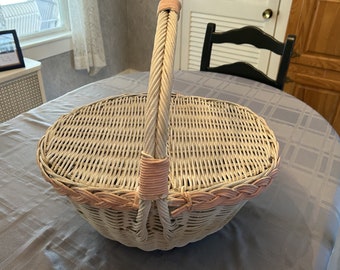 Vintage Picnic Basket-Wicker Picnic Basket from Midwest Importers-White & Pink Picnic or Storage Basket-Great Bridal Shower or Wedding Gift