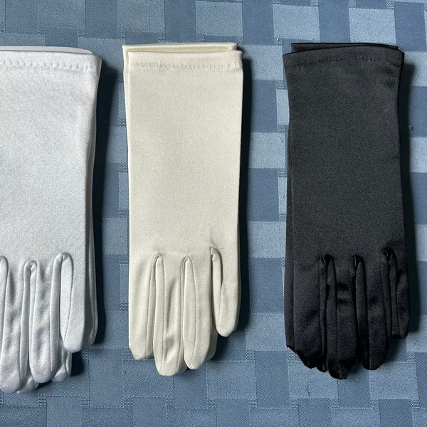 Short Black, Ivory & White Satin Adult Gloves-Perfect for Prom-Weddings-Special Events- Gatsby Galas, Cotillions, Etc.  Elegant Satin Gloves