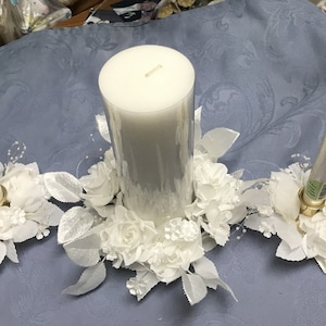 Floral Candle Rings For Taper Candles-2 Styles With 1 Opening-Ivory Shimmer w/ Lillies & Rosebuds-White Satin Shimmer Roses-Pearls-Beads image 7