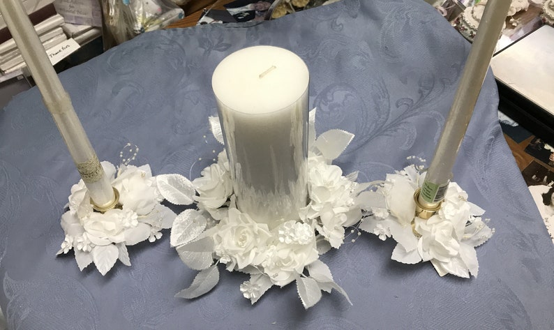 Floral Candle Rings For Taper Candles-2 Styles With 1 Opening-Ivory Shimmer w/ Lillies & Rosebuds-White Satin Shimmer Roses-Pearls-Beads image 7