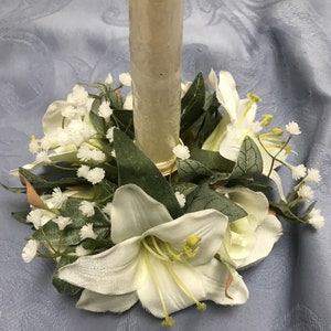 Floral Candle Rings For Taper Candles-2 Styles With 1 Opening-Ivory Shimmer w/ Lillies & Rosebuds-White Satin Shimmer Roses-Pearls-Beads Lily & Rosebud Ring