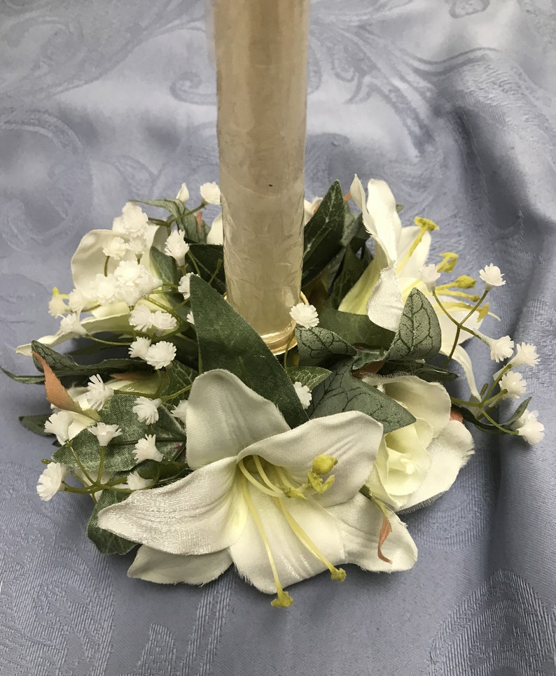 Floral Candle Rings For Taper Candles-2 Styles With 1 Opening-Ivory Shimmer w/ Lillies & Rosebuds-White Satin Shimmer Roses-Pearls-Beads Lily & Rosebud Ring