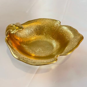 Antique 24k Gold decorated rose and textured pattern porcelain Candy dish with leaf handle