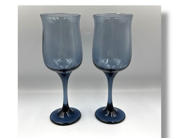 Vintage Libbey Tulip Blue Wine Goblets: Smoky Glass Stemware Set