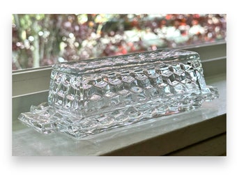 Vintage American Fostoria clear covered butter dish, cube pattern cover & stick butter plate. 1/4 Pound Covered Butter Dish