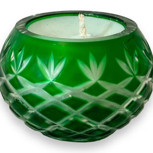Handmade candle in an antique Emerald Green Crystal container