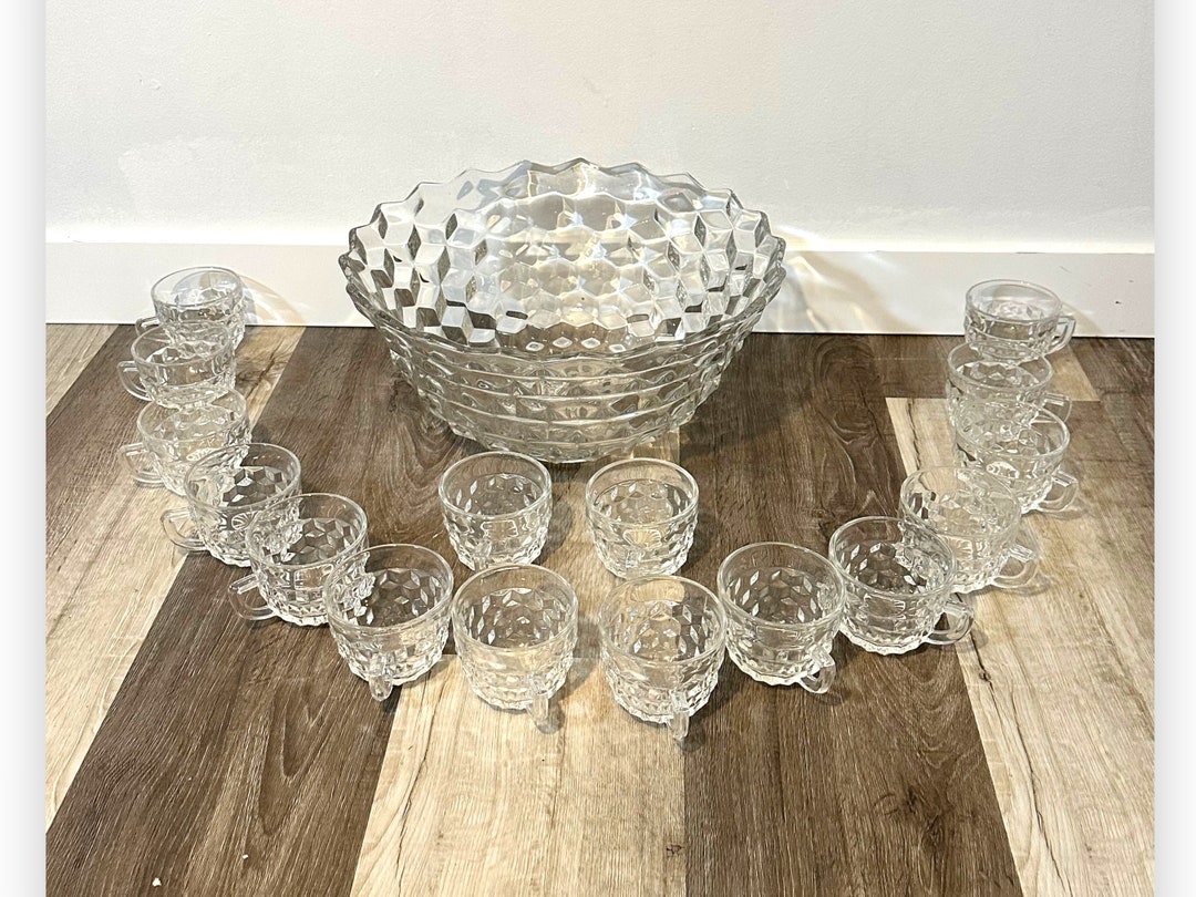 Vintage American Fostoria Clear Punch Bowl and 16 Cups Etsy