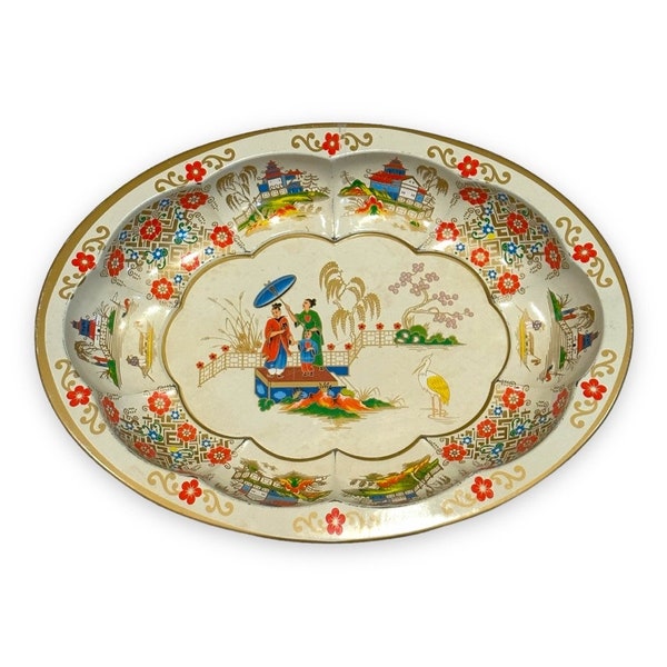 Vintage 1970's Daher Decorated Ware Metal Tray, Made in England, Asian Pastoral Scene