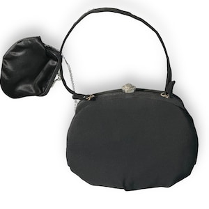 Vintage Garay Black Evening Handbag with top lock closure mid century purse with jeweled clasp, attached change purse, and comb!