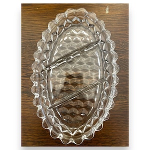 Vintage American Fostoria Cube Pattern Clear Glass Oval 3 Part Relish Dish 9.5&quot;