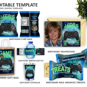 P003- Videogamefeestbundel, Caprisun, zakje chips, cadeauzakje, uitnodiging, uitnodiging met foto, Rice Krispies-traktaties, waterfles, gamerparty
