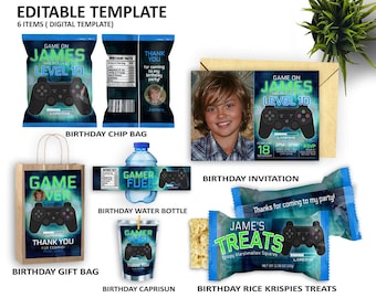 Video Game Party Bundle: Editable Invitation, Chip Bag, and More (Digital)