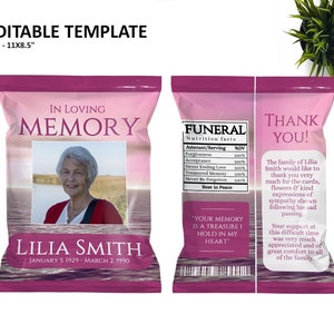 M007-Funeral Chip Bag Pink Sunset Template, Chip Bag Funeral Template, Pink Sunset Chip Bag Template, Editable Funeral Chip Bag