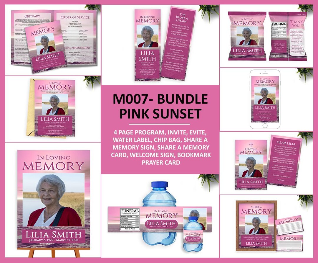 M007 Funeral Bundle Pink Sunset Template, 4 Page Funeral- Program ...