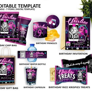 Tik Tok Party bundle, Caprisun, Chip Bag, Gift Bag, Pringles, Invitation, Rice Krispies Treats, Water Bottle, Musical partyparty
