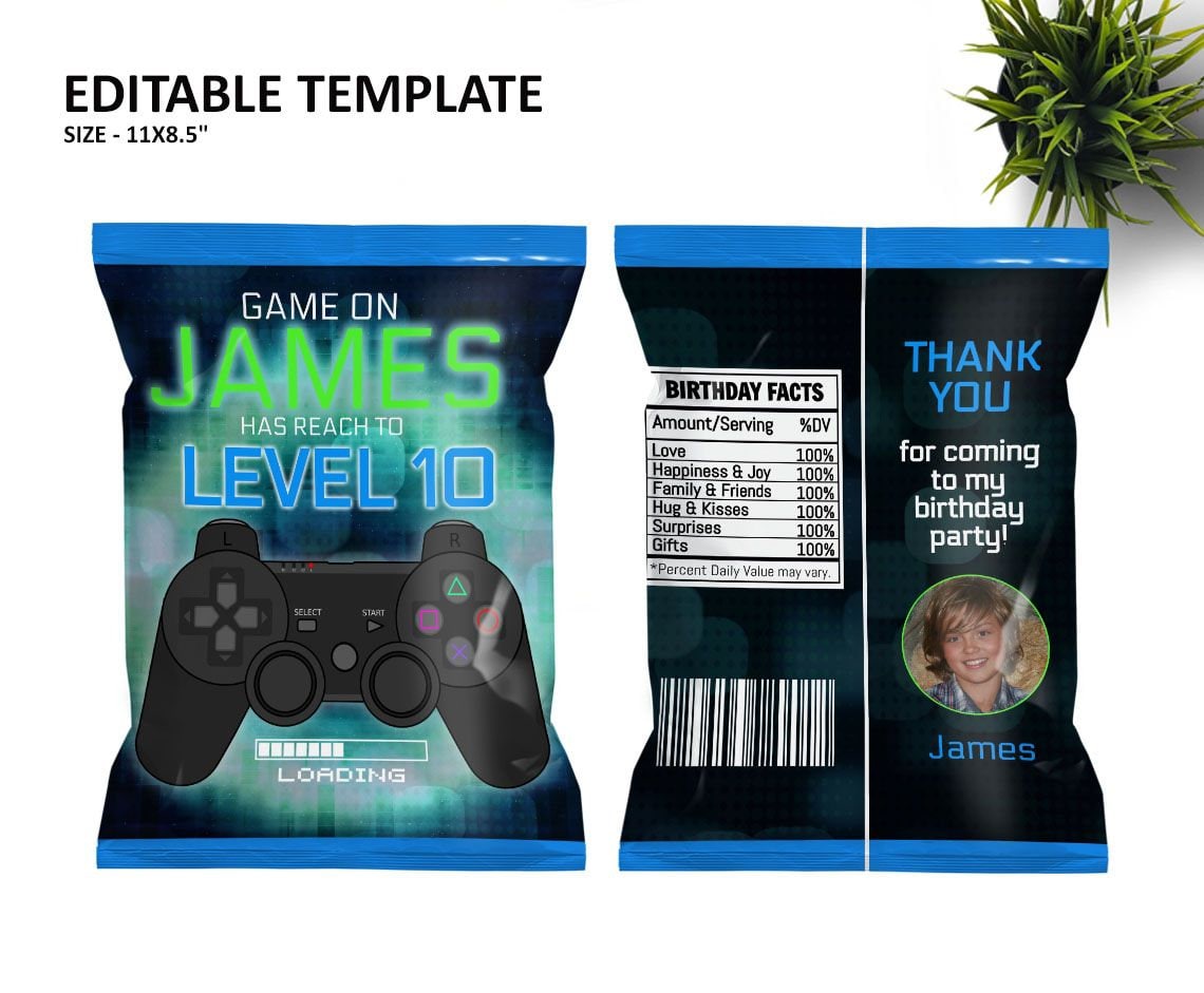 P003 Editable Video Game Chip Bag, Gamer Party, Chip Bag Printable