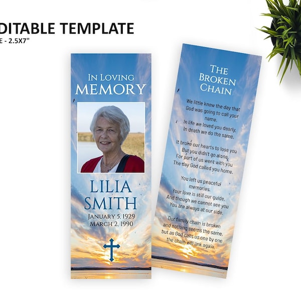 M010 Beach Sunset bookmark, Funeral Bookmark, Editable Funeral Bookmark, Beach Sunset Template