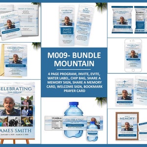 M009-Funeral Bundle Mountain Template, 4-seitiges Programm,Einladung,Geburtstag,Geburtstagskarte,Lesezeichen,Gebetskarte,Geburtstagskarte,Geburtstagskarte,Lesezeichen, Wasseretikette-