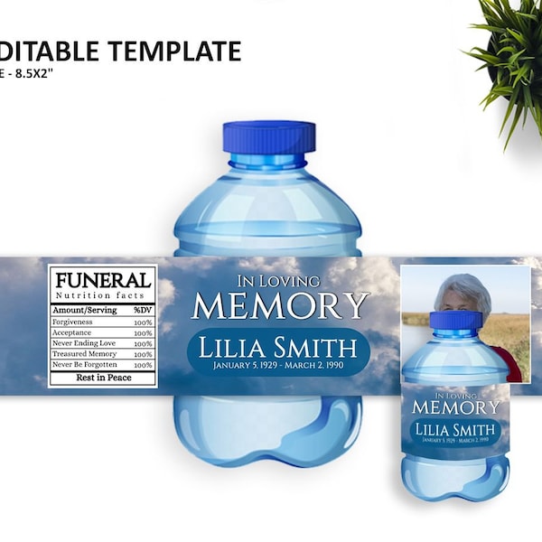 M003-Funeral Water Bottle Label Blue Clouds Template,Funeral Water Bottle Label, Editable Funeral Water Bottle Label