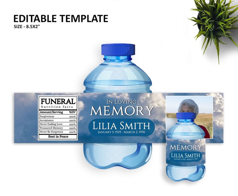 M003funeral Water Bottle Label Blue Clouds Template,funeral Water