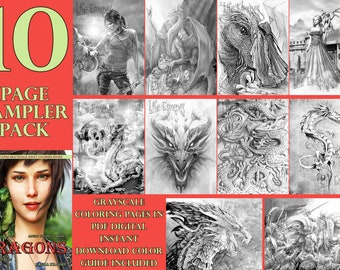 Dragons Grayscale Adult Coloring Book 10 Coloring Page Sampler Pack high resolution 8.5x11 instant download printable PDF