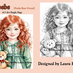 Phoebe with her Teddy Bear Watercolor Single Coloring Page in High Resolution 8.5 x 11 instant download printable PDF with Guide