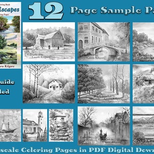 Painted Escapes Paquete de muestras de 12 páginas para colorear en escala de grises con guía para colorear en alta resolución 8,5 x 11 descarga instantánea en PDF imprimible