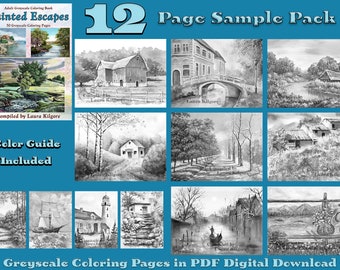 Painted Escapes 12 Page Sampler Pack Greyscale Coloring with Coloring Guide in High Resolution 8.5 x 11 instant download printable PDF