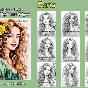Muestra para colorear de 13 páginas de Zaria en escala de grises en alta resolución 8,5 x 11 descarga instantánea en PDF imprimible con guía