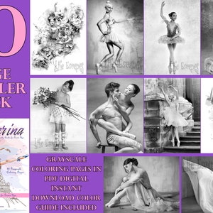 Può includere: Un pacchetto di 10 pagine da colorare in scala di grigi con ballerine in varie pose. Le pagine sono in formato PDF digitale e includono una guida ai colori scaricabile. L'immagine di copertina mostra una ballerina con un tutù rosa che balla davanti alla Torre Eiffel.