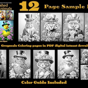 Animales distinguidos 12 páginas para colorear en escala de grises para adultos en alta resolución 8,5 x 11 descarga instantánea en PDF imprimible con guía
