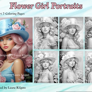 Dibujos para colorear de retratos de niñas de las flores: 7 ilustraciones en escala de grises (PDF)