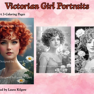 Victorian Girl Portraits: 3 Greyscale Coloring Pages (PDF)