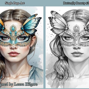 Butterfly Mask Woman Coloring Page: Greyscale Art (PDF)