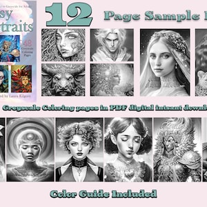 Könnte beinhalten: Ein Musterpaket mit Graustufen-Malvorlagen für Erwachsene, mit Fantasy-Porträts. Das Cover zeigt den Titel "Fantasy Portraits" und die Zahl "12" mit dem Text "Page Sample Pack". Das Paket enthält 48 Graustufen-Malvorlagen und einen Farbführer. Der Text "Greyscale Coloring pages in PDF digital intsant download" ist ebenfalls sichtbar.