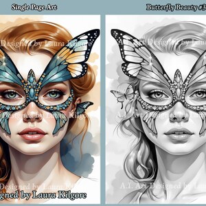 Butterfly Mask Woman Coloring Page: Greyscale Art (PDF)