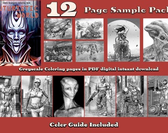 May include: A sample pack of 12 futuristic themed coloring pages in grayscale. The cover features a futuristic character with a large head and a detailed design. The text "FUTURISTIC WORLD" is displayed on the cover. The text "12 Page Sample Pack" is displayed at the top of the image. The text "Greyscale Coloring pages in PDF digital instant download" is displayed in the middle of the image. The text "Color Guide Included" is displayed at the bottom of the image.