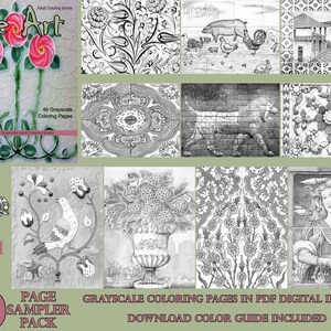 Tile Art Grayscale Adult Coloring Book 10 Coloring Page Sampler Pack high resolution 8.5x11 instant download printable PDF