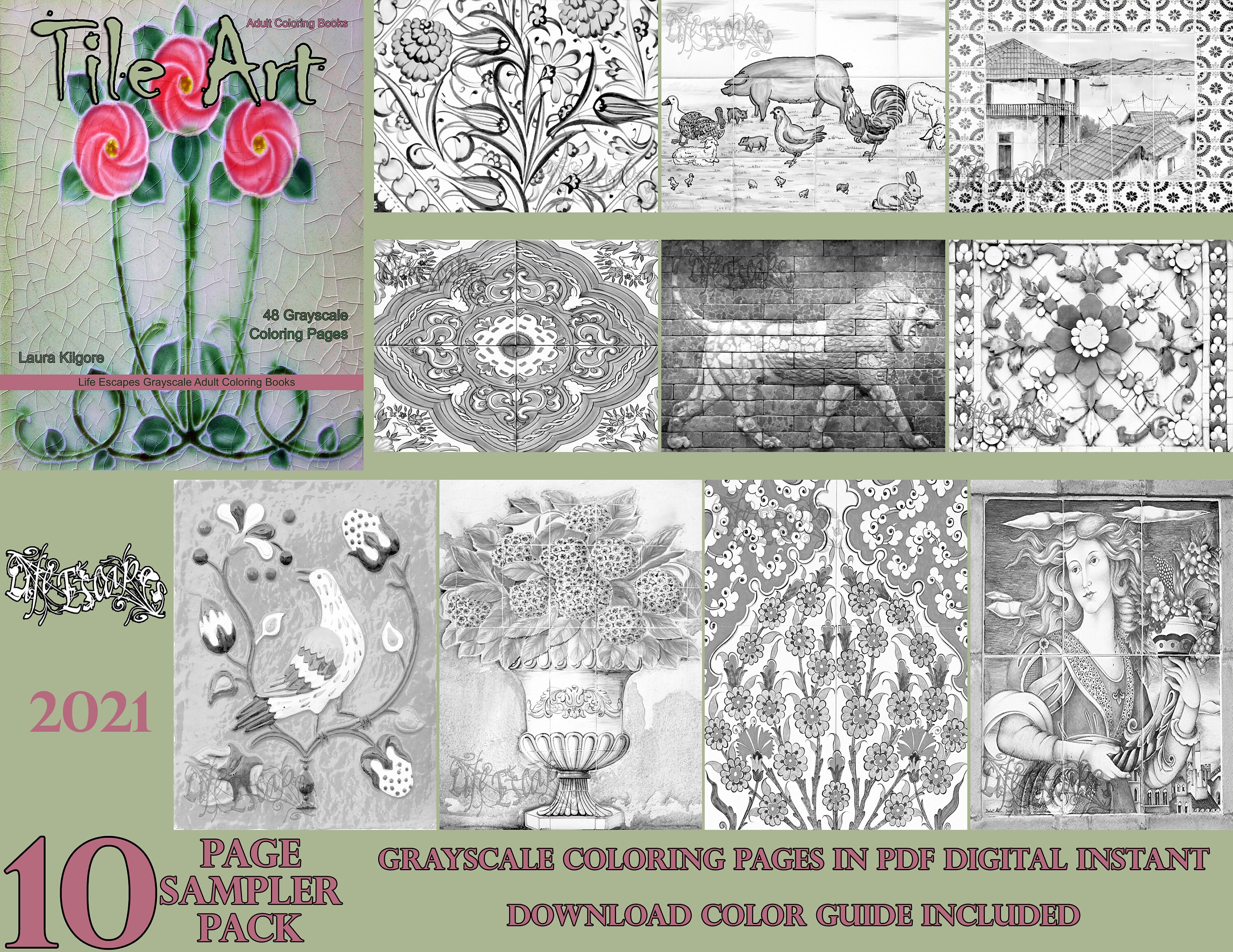 Download Tile Art Grayscale Adult Coloring Book 10 Coloring Page Etsy