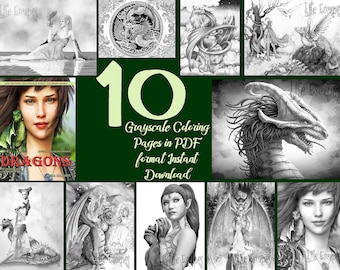 Dragons Adult Coloring Book 10 Page Coloring Sampler Pack high resolution 8.5 x 11 instant download printable PDF