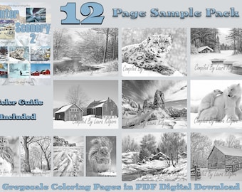 Winter Scenery Grayscale Coloring Pages, 12-Page Sampler (PDF)