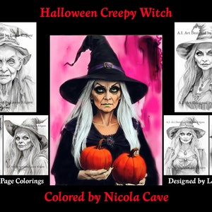Halloween Creepy Witch 6 páginas para colorear en escala de grises para adultos en alta resolución 8.5 x 11 descarga instantánea