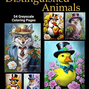 Distinguished Animals 54-Page Coloring Book in Greyscale for Adults in High Resolution 8.5 x 11 instant download printable PDF with Guide