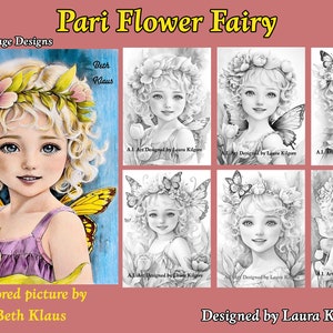 Pari Flower Fairy 7 páginas para colorear en escala de grises para adultos en alta resolución 8,5 x 11 descarga instantánea en PDF imprimible con guía