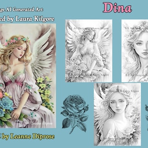 Dina (Schöner Engel) 3 Malvorlagen in Graustufen für Erwachsene in hoher Auflösung 8,5 x 11, sofortiger Download als druckbares PDF mit Anleitung