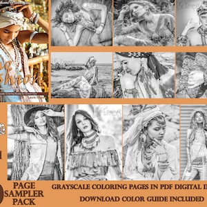 Boho Fashion Grayscale Adult Coloring Book 10 Coloring Page Sampler Pack high resolution 8.5x11 instant download printable PDF
