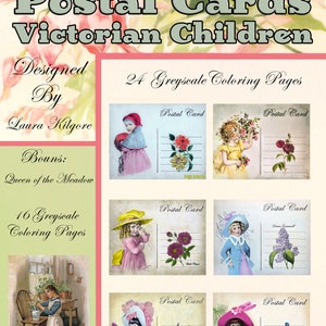 Postkarten, viktorianisches Graustufen-Malbuch für Kinder und Erwachsene, 40 Seiten und Farbführer, hohe Auflösung, 8,5 x 11, sofortiger Download, druckbares PDF