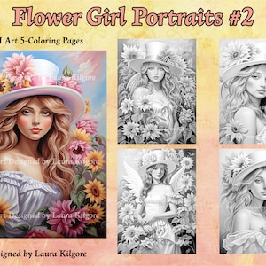 Dibujos para colorear de retratos de niñas de las flores: 5 ilustraciones en escala de grises (PDF)
