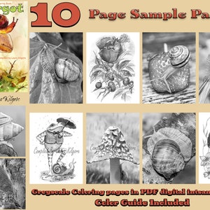Escargot Grayscale Adult Coloring Book 10 Coloring Page Sampler Pack high resolution 8.5x11 instant download printable PDF